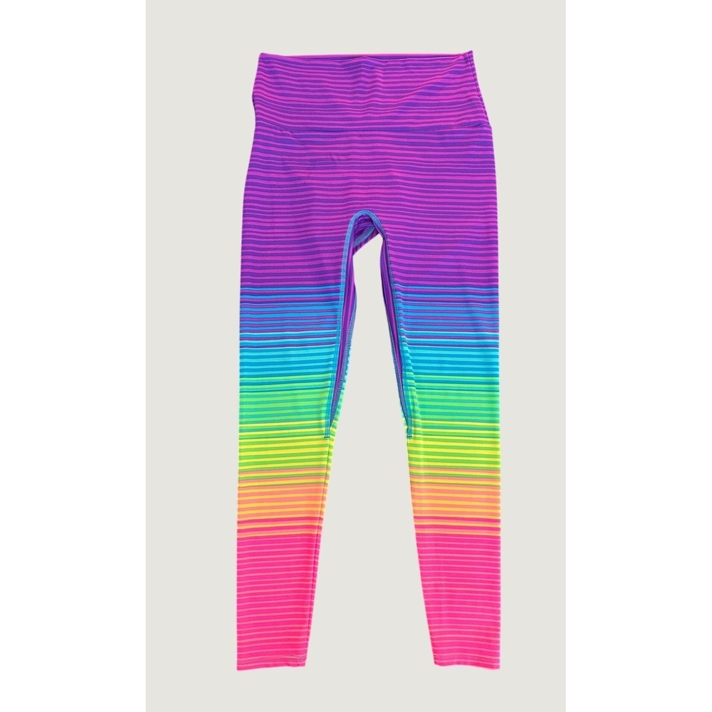 K-DEER Women Rainbow Stripe High Waist Leggings Sneaker Length Size Large 1429